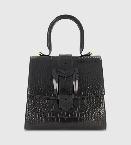 Black Medium Croc Embossed Leather Handbag